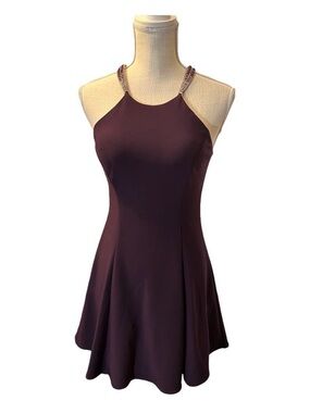 Betsy & Adam Jewel-Strap Halter Mini fit and flare Dress in Plum